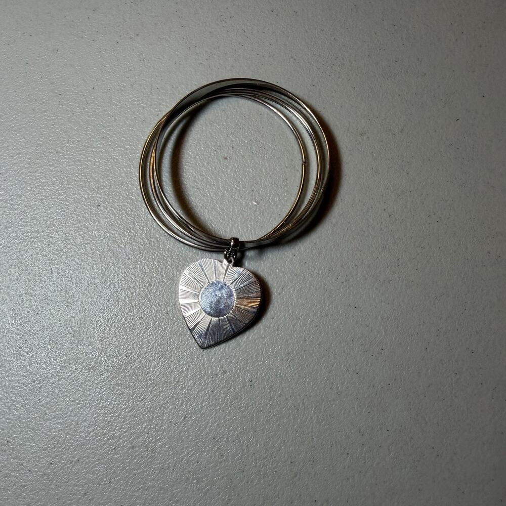 Silver Tone Multi Strand Bangle Bracelet Textured Sunburst Etched Heart Charm
